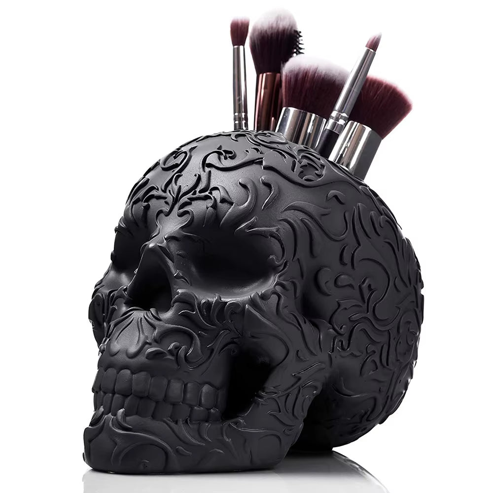 Skull Makeup Brush Holder Black Resin Home Decoration Funny Toys Gifts