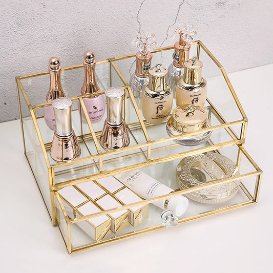 Glass Makeup Brush Holder, Makeup Brush Organizer Jewelry Display Box, Nordic Style Elegant Glass Makeup Organizer Nail Polish Lipsticks Eyeliners Holder for Vanity Bathroom Bedroom Office