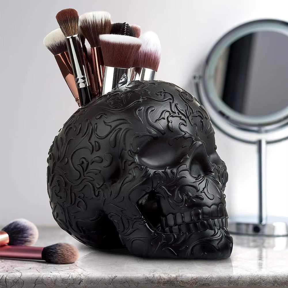 Skull Makeup Brush Holder Black Resin Home Decoration Funny Toys Gifts