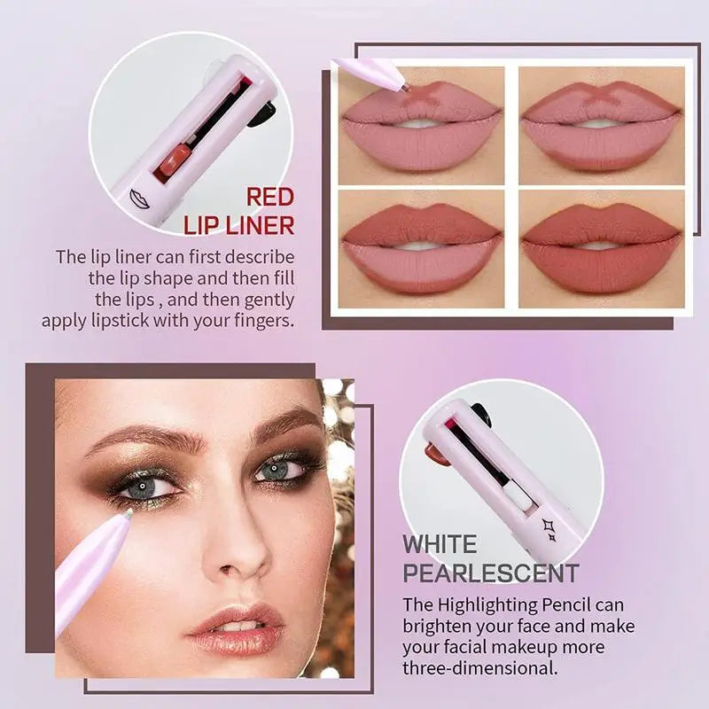 4 Color Multi-Function Makeup Pen 4 in 1 Makeup Pen Waterproof Cosmetic Pencil for Eyeliner Brow Lip Liner Highlighter