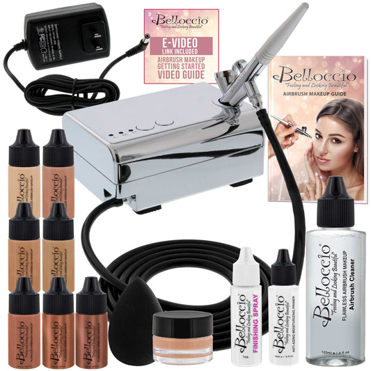 Professional Beauty Airbrush Cosmetic Makeup System with 4 Medium Shades of Foundation in 1/4 Ounce Bottles - Kit Includes Blush, Bronzer and Highlighters