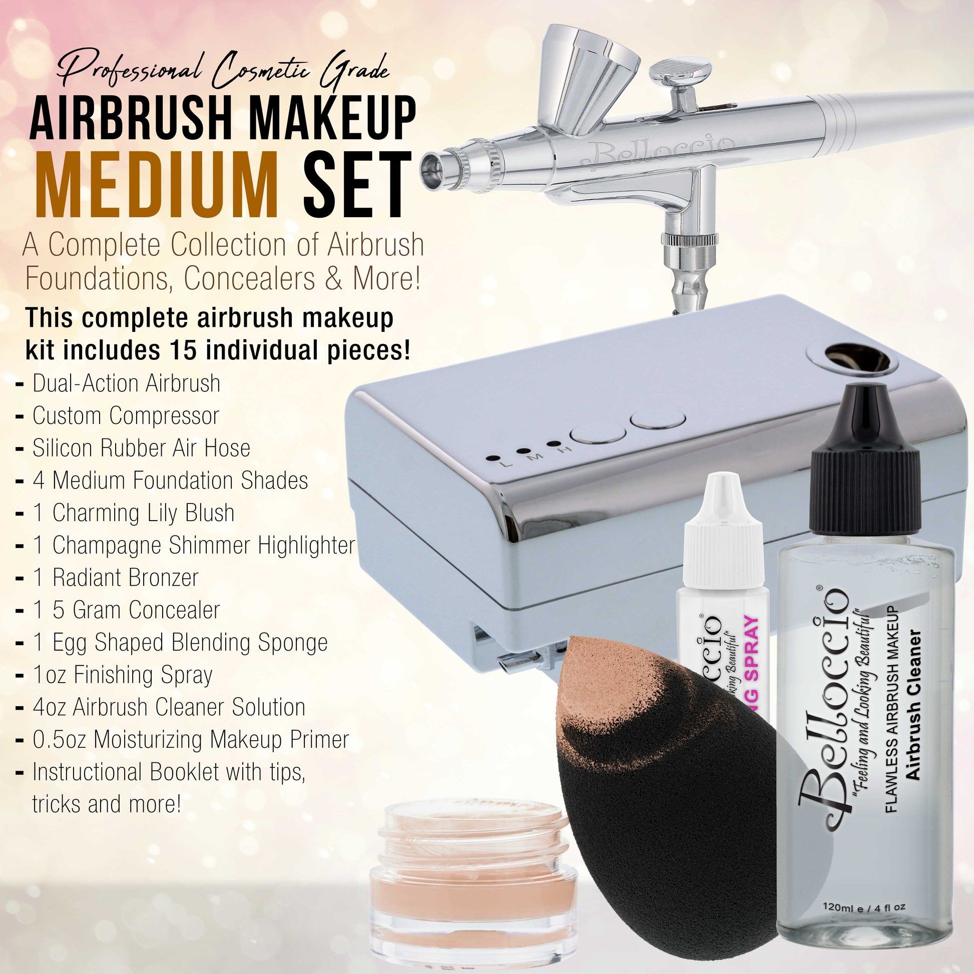 Professional Beauty Airbrush Cosmetic Makeup System with 4 Medium Shades of Foundation in 1/4 Ounce Bottles - Kit Includes Blush, Bronzer and Highlighters