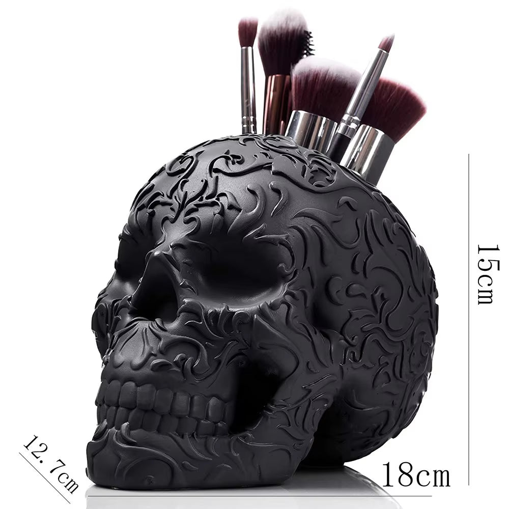 Skull Makeup Brush Holder Black Resin Home Decoration Funny Toys Gifts